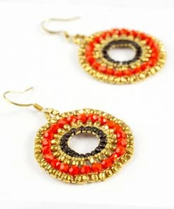 HaremPants.com Handmade Earrings Circle Orange Beads Brass Earrings