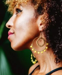 HaremPants.com Circle Yellow Beads Brass Earrings