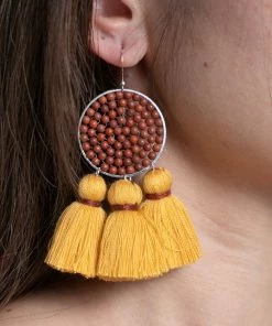 HaremPants.com Circle Beaded Tassels Earrings In Yellow