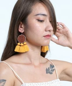 HaremPants.com Circle Beaded Tassels Earrings In Yellow