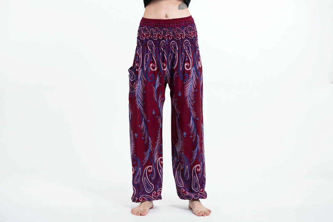 HaremPants.com Paisley Feathers Women's Harem Pants In Red 4 HaremPants.com Paisley Feathers Women's Harem Pants In Red
