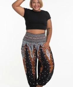 HaremPants.com Plus Size Peacock Feathers Women's Harem Pants In Black