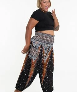 HaremPants.com Plus Size Peacock Feathers Women's Harem Pants In Black