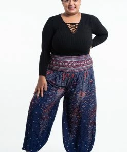 HaremPants.com Plus Size Peacock Feathers Women's Harem Pants In Blue