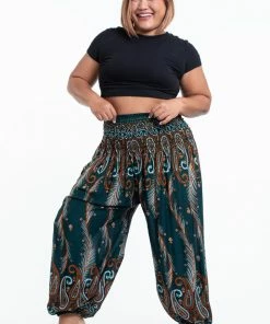 HaremPants.com Plus Size Paisley Feathers Women's Harem Pants In Green