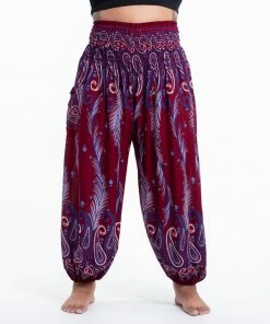 HaremPants.com Plus Size Paisley Feathers Women's Harem Pants In Red