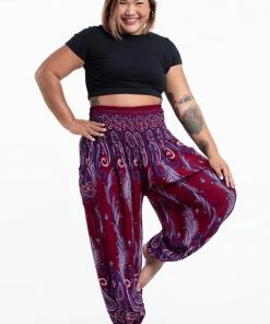 HaremPants.com Plus Size Paisley Feathers Women's Harem Pants In Red