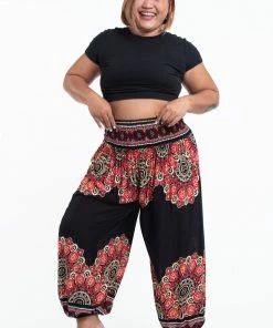 HaremPants.com Plus Size Peony Mandalas Women's Harem Pants In Black