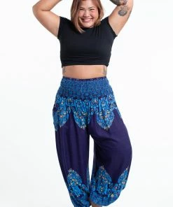 HaremPants.com Plus Size Floral Vines Women's Harem Pants In Blue