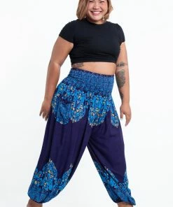 HaremPants.com Plus Size Floral Vines Women's Harem Pants In Blue