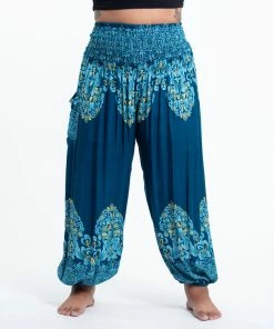 HaremPants.com Plus Size Floral Vines Women's Harem Pants In Turquoise