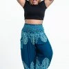 HaremPants.com Plus Size Floral Vines Women's Harem Pants In Turquoise