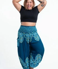 HaremPants.com Plus Size Floral Vines Women's Harem Pants In Turquoise