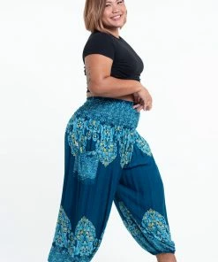 HaremPants.com Plus Size Floral Vines Women's Harem Pants In Turquoise
