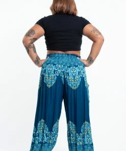 HaremPants.com Plus Size Floral Vines Women's Harem Pants In Turquoise