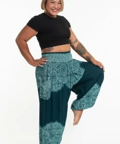 HaremPants.com Plus Size Floral Mandalas Women's Harem Pants In Teal