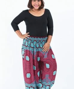 HaremPants.com Plus Size Mandala Elephant Women's Elephant Pants In Red