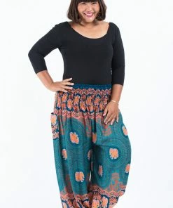 HaremPants.com Plus Size Mandala Elephant Women's Elephant Pants In Turquoise