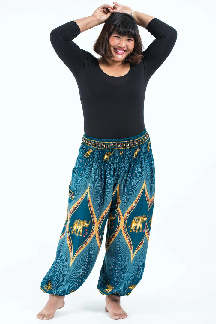 HaremPants.com Plus Size Peacock Elephant Women's Elephant Pants In Turquoise 3 HaremPants.com Plus Size Peacock Elephant Women's Elephant Pants In Turquoise
