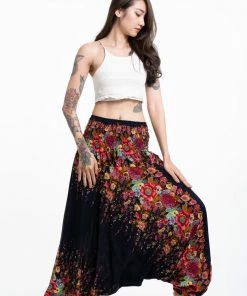 HaremPants.com Women's Floral Jumpsuit Harem Pants In Black