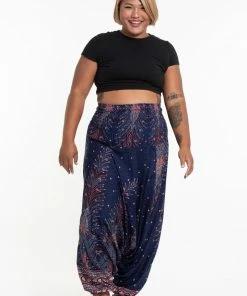 HaremPants.com Plus Size Peacock Feathers Drop Crotch Women's Harem Pants In Blue