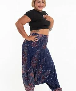 HaremPants.com Plus Size Peacock Feathers Drop Crotch Women's Harem Pants In Blue