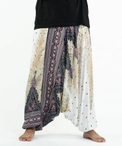 HaremPants.com Plus Size Peacock Feathers Drop Crotch Women's Harem Pants In White