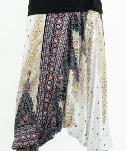 HaremPants.com Plus Size Peacock Feathers Drop Crotch Women's Harem Pants In White