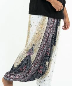 HaremPants.com Plus Size Peacock Feathers Drop Crotch Women's Harem Pants In White