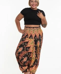 HaremPants.com Plus Size Peacock Paisley Drop Crotch Women's Harem Pants In Black