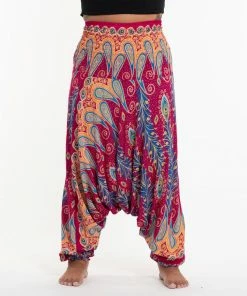 HaremPants.com Plus Size Peacock Paisley Drop Crotch Women's Harem Pants In Pink