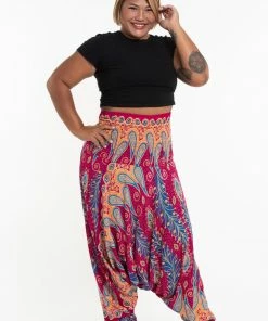 HaremPants.com Plus Size Peacock Paisley Drop Crotch Women's Harem Pants In Pink