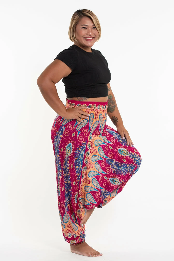 HaremPants.com Plus Size Peacock Paisley Drop Crotch Women's Harem Pants In Pink 6 HaremPants.com Plus Size Peacock Paisley Drop Crotch Women's Harem Pants In Pink