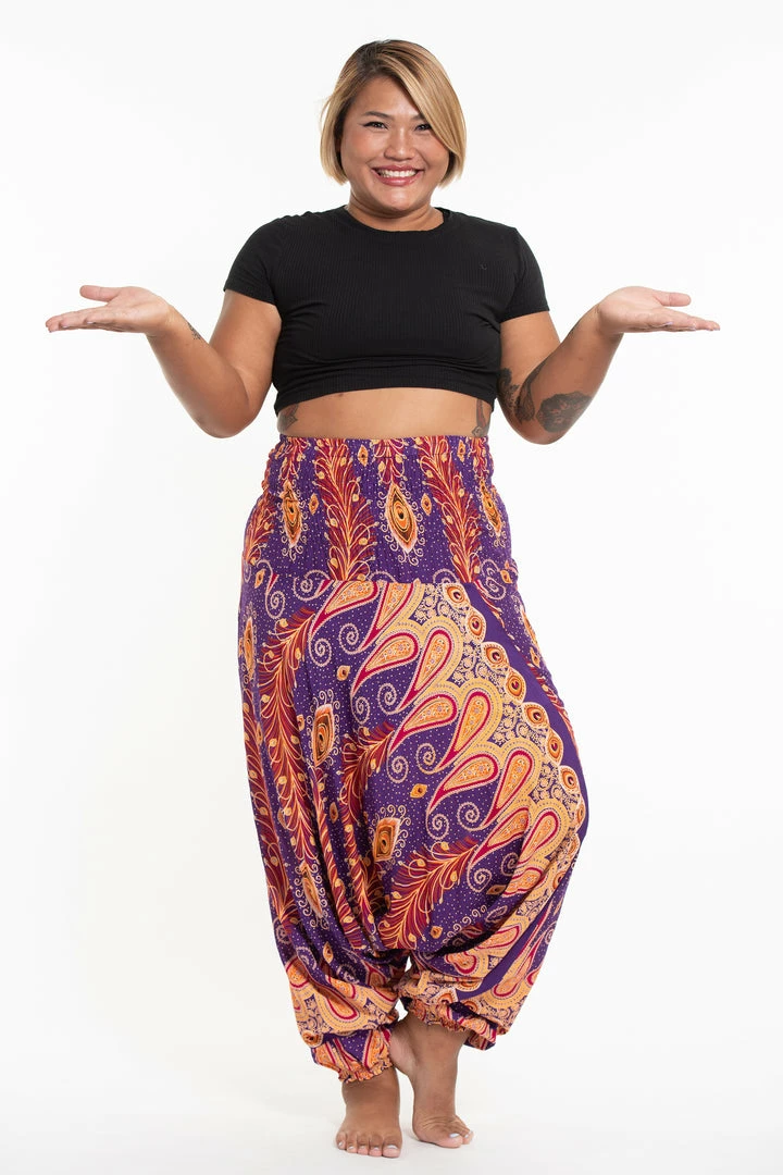 HaremPants.com Plus Size Peacock Paisley Drop Crotch Women's Harem Pants In Purple 3 HaremPants.com Plus Size Peacock Paisley Drop Crotch Women's Harem Pants In Purple