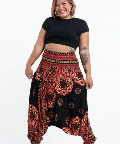 HaremPants.com Plus Size Lotus Mandalas Drop Crotch Women's Harem Pants In Black