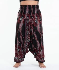 HaremPants.com Plus Size Paisley Feathers Drop Crotch Women's Harem Pants In Black