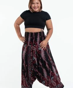 HaremPants.com Plus Size Paisley Feathers Drop Crotch Women's Harem Pants In Black
