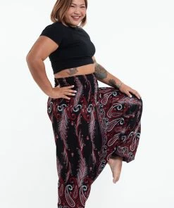 HaremPants.com Plus Size Paisley Feathers Drop Crotch Women's Harem Pants In Black