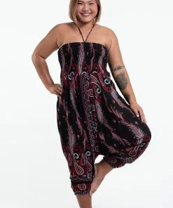 HaremPants.com Plus Size Paisley Feathers Drop Crotch Women's Harem Pants In Black