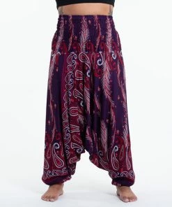 HaremPants.com Plus Size Paisley Feathers Drop Crotch Women's Harem Pants In Purple