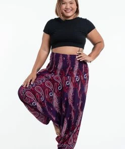 HaremPants.com Plus Size Paisley Feathers Drop Crotch Women's Harem Pants In Purple