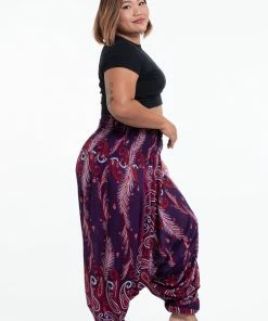 HaremPants.com Plus Size Paisley Feathers Drop Crotch Women's Harem Pants In Purple
