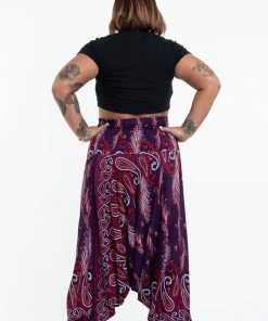 HaremPants.com Plus Size Paisley Feathers Drop Crotch Women's Harem Pants In Purple