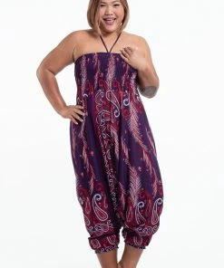 HaremPants.com Plus Size Paisley Feathers Drop Crotch Women's Harem Pants In Purple