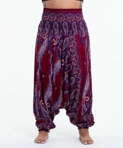 HaremPants.com Plus Size Paisley Feathers Drop Crotch Women's Harem Pants In Red