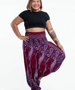 HaremPants.com Plus Size Paisley Feathers Drop Crotch Women's Harem Pants In Red