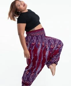 HaremPants.com Plus Size Paisley Feathers Drop Crotch Women's Harem Pants In Red