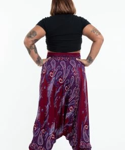 HaremPants.com Plus Size Paisley Feathers Drop Crotch Women's Harem Pants In Red