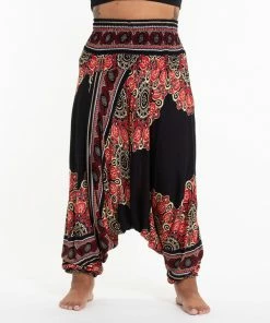 HaremPants.com Plus Size Peony Mandalas Drop Crotch Women's Harem Pants In Black