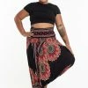 HaremPants.com Plus Size Peony Mandalas Drop Crotch Women's Harem Pants In Black